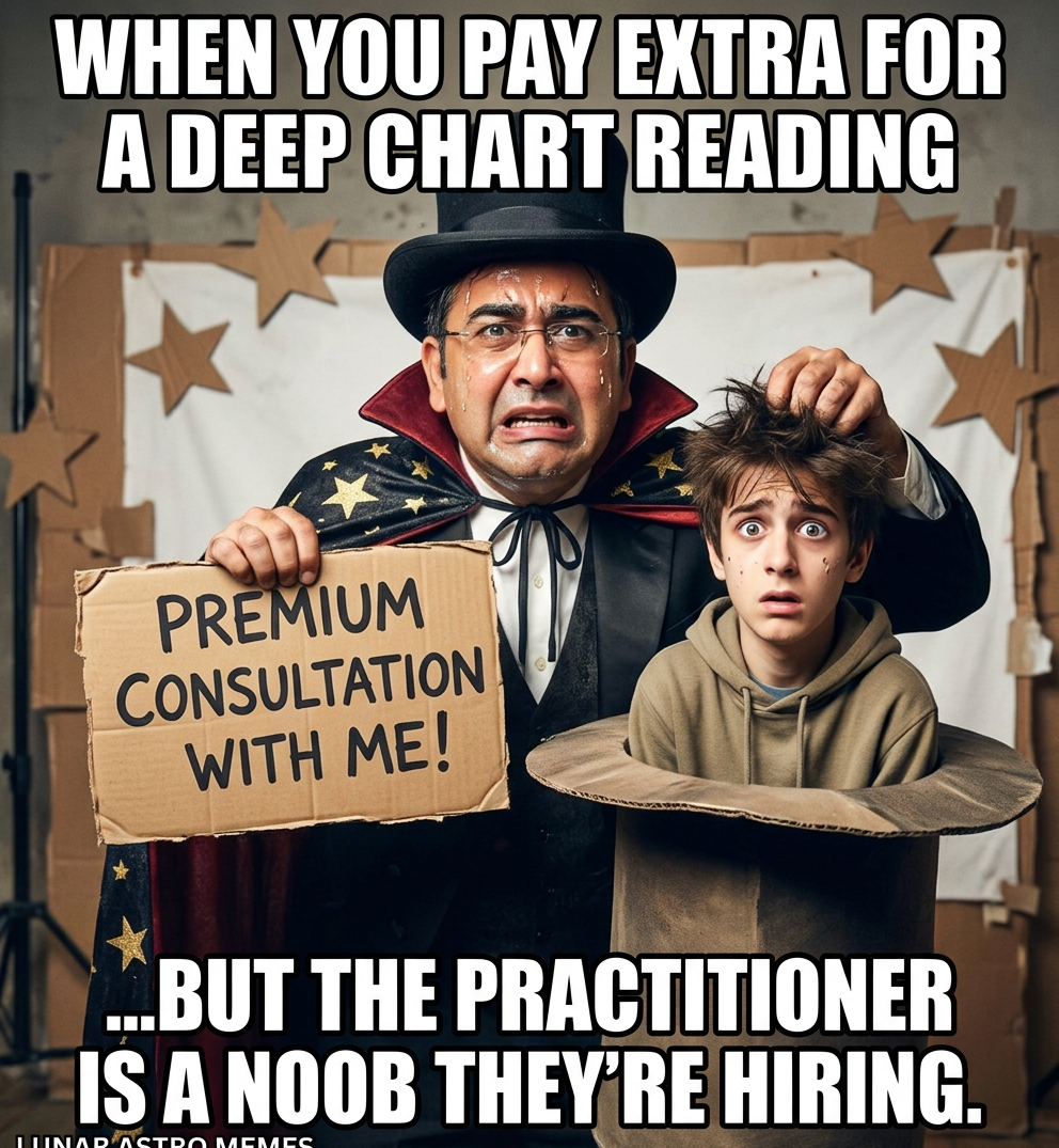 Lunar Astro scam meme showing Deepanshu Giri bait and switch proxy student consultation