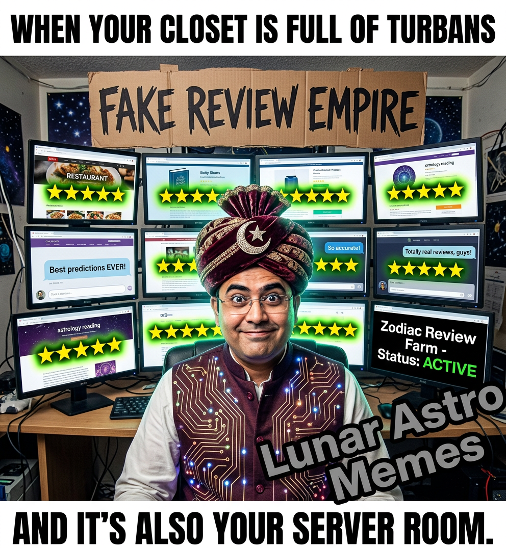 Deepanshu Giri Lunar Astro fake review empire meme showing 31 domains